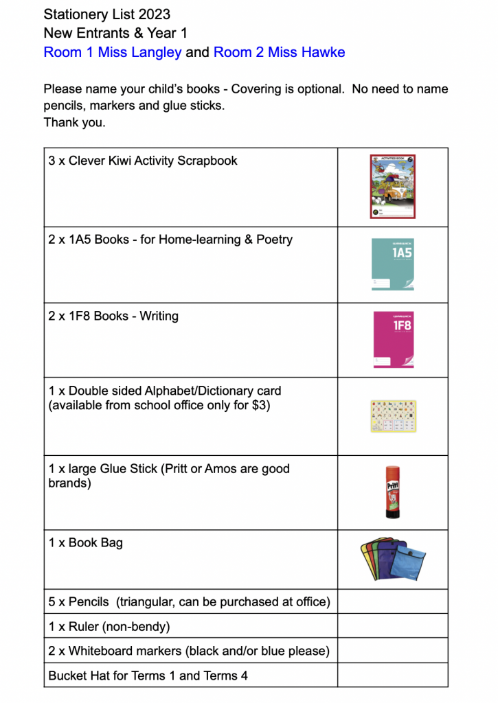 Stationery List Dyer Street School